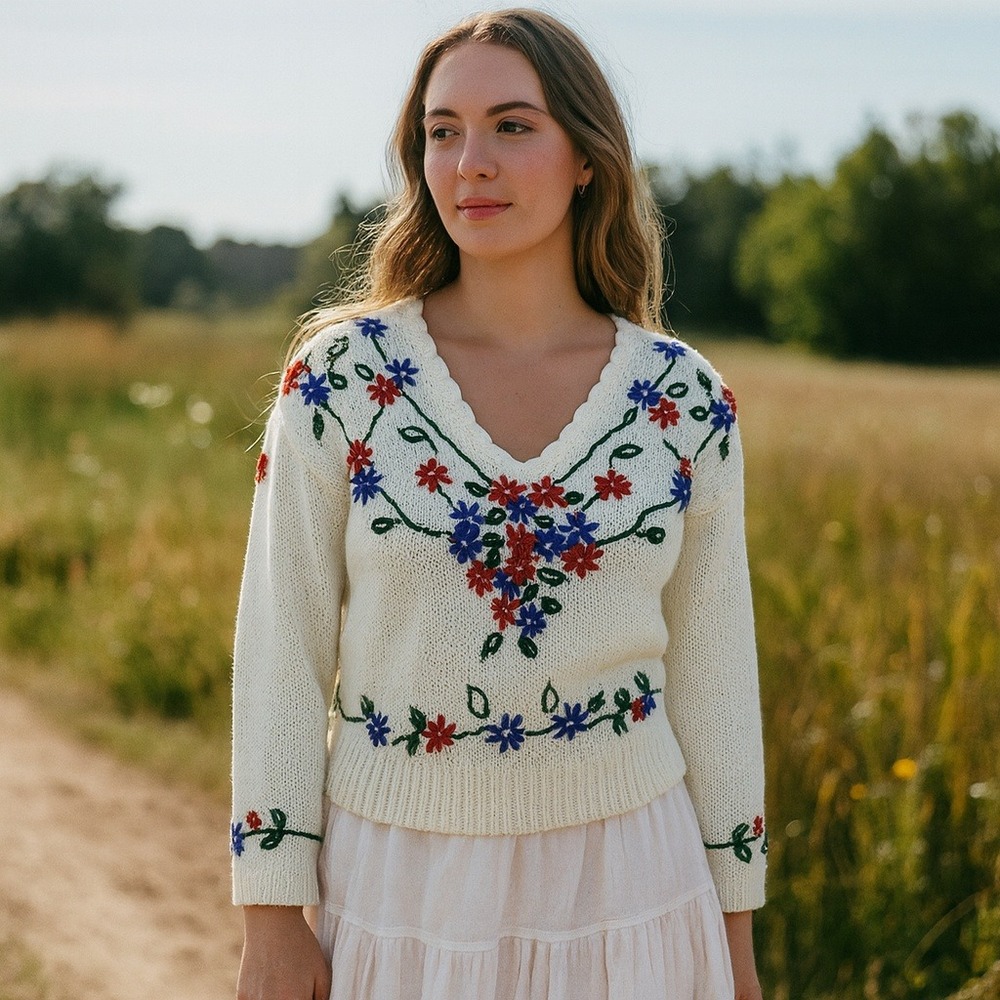 Vintage White Floral Embroidered Sweater Women's Size M V Neck‎ Boho Cottagecore